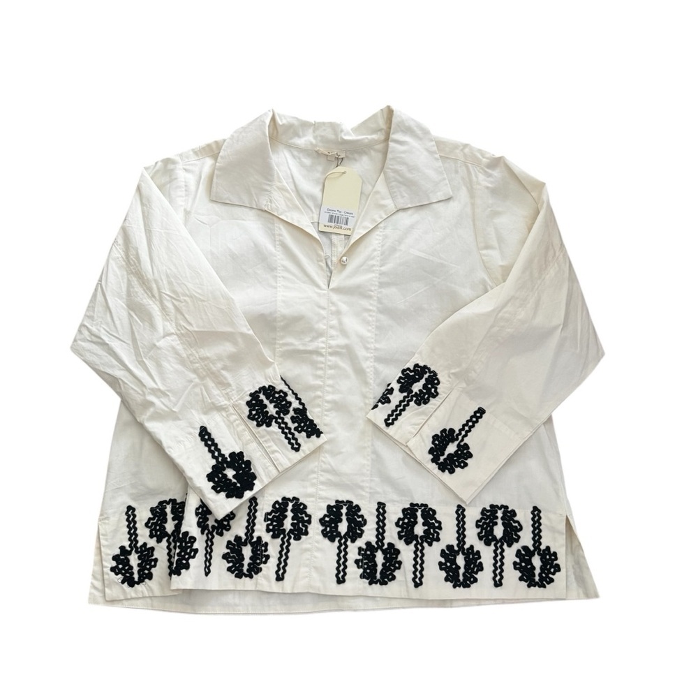 JODIFL Cream Collared Blouse with Black Embroidery, Size L, New With Tags